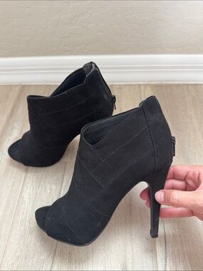 Fergalicious Black Peep-Toe Suede Booties
